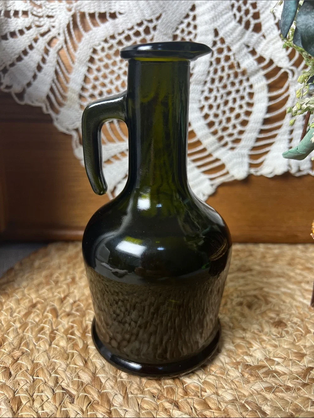 Vintage Vetro Brev Olive Green Glass Cruet Pitcher Italy Style MCM